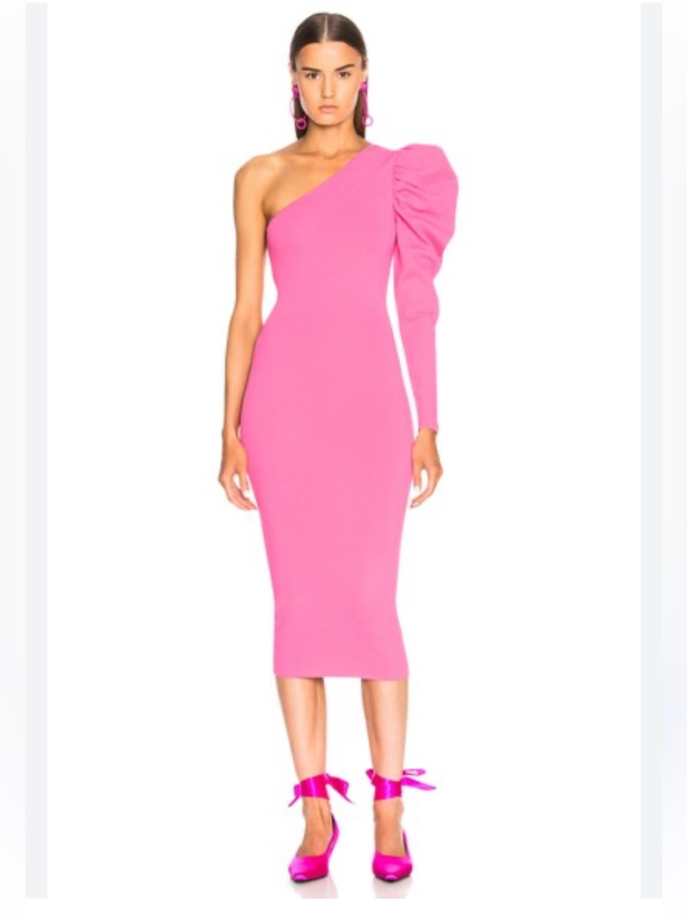 Stella McCartney One-Shoulder Hot Pink Midi Dress with Puff Sleeve